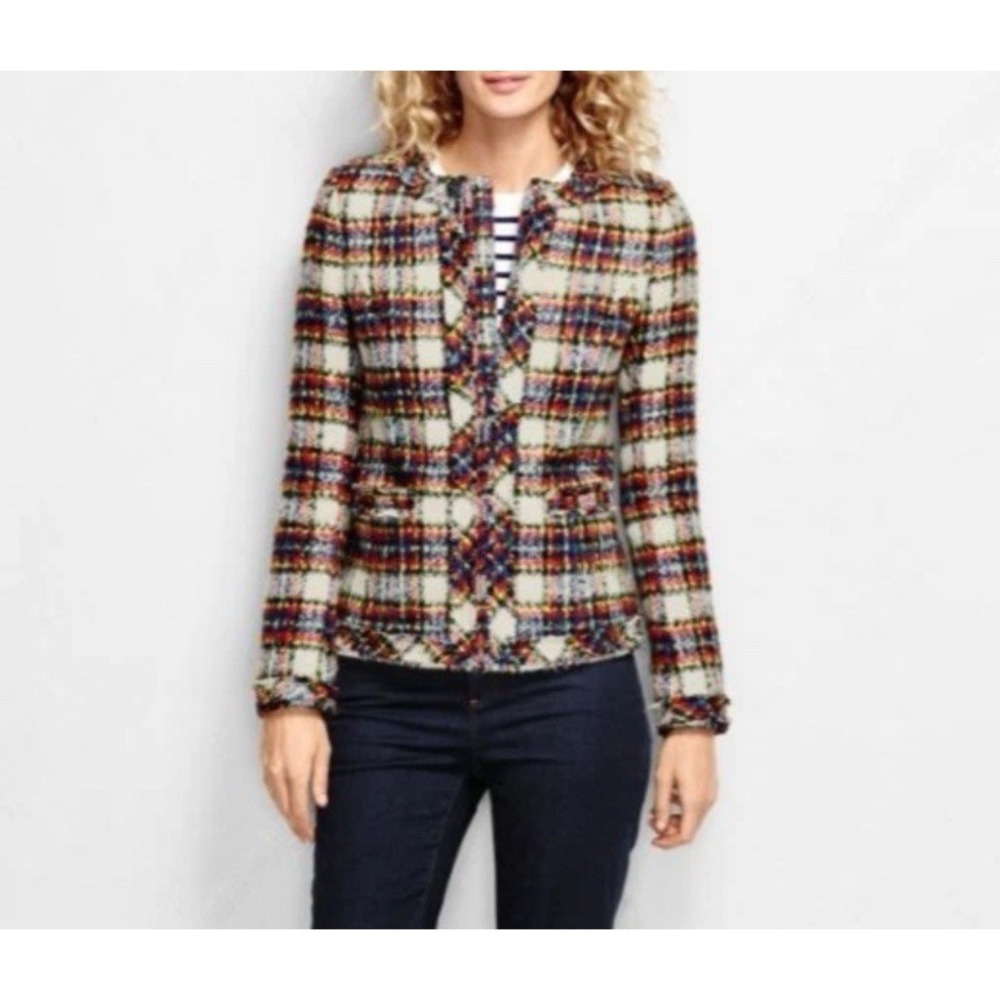 Lands End Blazer Jacket Womens 18 Tartan Plaid Blue Red Wool Tweed